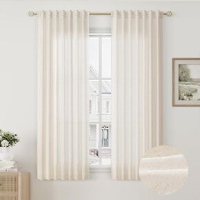 BOODII Semi Sheer Textured Linen Curtains 54 Inches Length Long, 2 Panels Set for Bedroom Dining Living Room,Back Tab,Rod Pocket,Clip Rings Light Filtering Window Drapes,W52 x L54,Natural