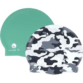 Swim - 2-Pack Adult Silicone Swim Cap - Beautiful designs for women. Latex free. Camo print and solid Green
