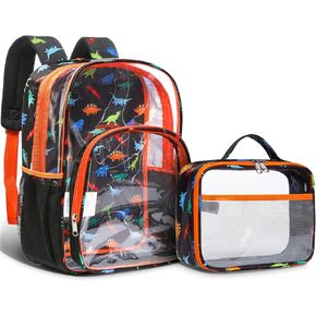 BLUEFAIRY Dinosaur Clear Backpack and Lunch Box Set for Boys Kids Book Bag with Lunch Bag Back to School Transparent Book Bag Large See Through Bag 17" Orange