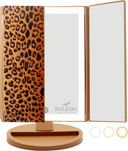 RoLeDo 3 Folds Lighted Vanity Makeup Mirror, 2X/3X 10X Magnification, 72 LED Lights Desk Mirror with Touch Screen 3 Color Lighting, Portable Cosmetic Mirror, Gifts for Women, Teen Girls, Leopard Print in Saudi Arabia