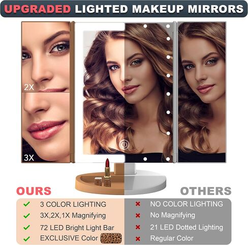 RoLeDo 3 Folds Lighted Vanity Makeup Mirror, 2X/3X 10X Magnification, 72 LED Lights Desk Mirror with Touch Screen 3 Color Lighting, Portable Cosmetic Mirror, Gifts for Women, Teen Girls, Leopard Print in Saudi Arabia