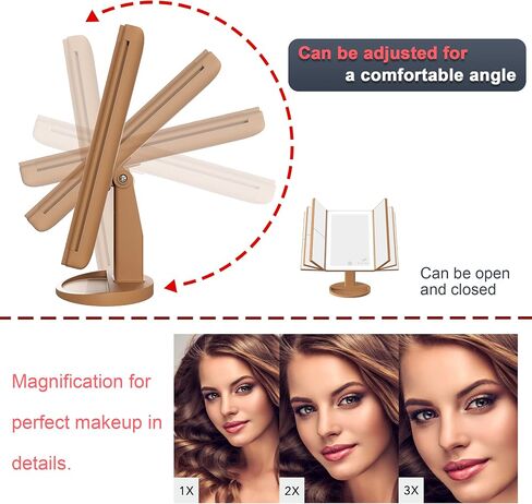 RoLeDo 3 Folds Lighted Vanity Makeup Mirror, 2X/3X 10X Magnification, 72 LED Lights Desk Mirror with Touch Screen 3 Color Lighting, Portable Cosmetic Mirror, Gifts for Women, Teen Girls, Leopard Print in Saudi Arabia
