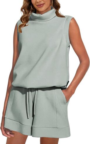 Meladyan المرأة قطعتين رياضية الياقة المدورة بلا أكمام سترة تانك عالية الخصر الرباط شورت مع جيوب ملابس عصرية، رمادي أخضر in Kuwait