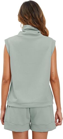 Meladyan المرأة قطعتين رياضية الياقة المدورة بلا أكمام سترة تانك عالية الخصر الرباط شورت مع جيوب ملابس عصرية، رمادي أخضر in Kuwait