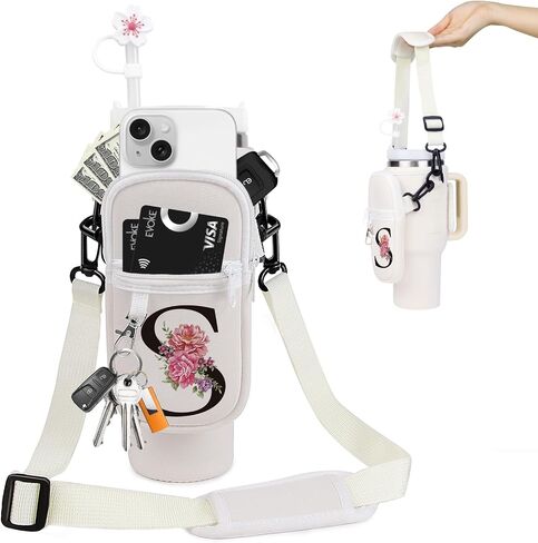 Water Bottle Holder with Strap for Stanley Cup 40 oz, Neoprene Water Bottle Carrier with Phone Pocket & Straw Cover,Water Bottle Bag Stanley Cup Accessories & Sports Water Bottle Accessories (White-L) in Saudi Arabia