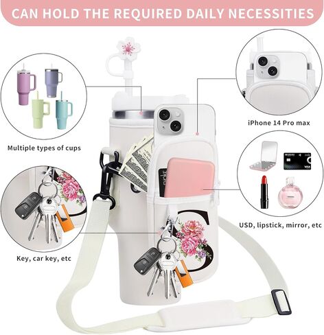 Water Bottle Holder with Strap for Stanley Cup 40 oz, Neoprene Water Bottle Carrier with Phone Pocket & Straw Cover,Water Bottle Bag Stanley Cup Accessories & Sports Water Bottle Accessories (White-L) in Saudi Arabia