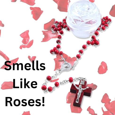 Catholic Rose Smell Rosary, Two Piece Case Included, Crucifix Prayer Beads, 17 inches in Saudi Arabia