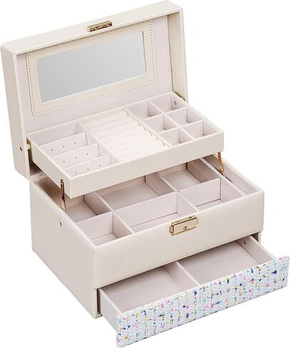 Coco Tweed Jewelry Box with Handle - 3-Layer 2 Drawers Jewelry Organizer with mirror, for 20 Big and Small Jewelry - 9.65 x 7.09 x 5.91 Inches Automatic Jewelry Storage (White) in Saudi Arabia