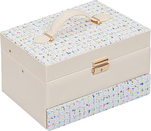 Coco Tweed Jewelry Box with Handle - 3-Layer 2 Drawers Jewelry Organizer with mirror, for 20 Big and Small Jewelry - 9.65 x 7.09 x 5.91 Inches Automatic Jewelry Storage (White) in Saudi Arabia