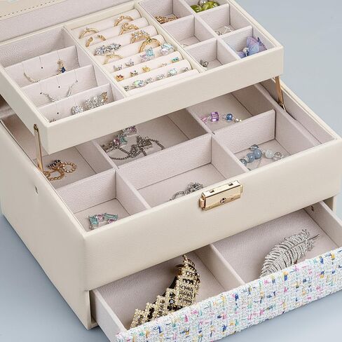 Coco Tweed Jewelry Box with Handle - 3-Layer 2 Drawers Jewelry Organizer with mirror, for 20 Big and Small Jewelry - 9.65 x 7.09 x 5.91 Inches Automatic Jewelry Storage (White) in Saudi Arabia