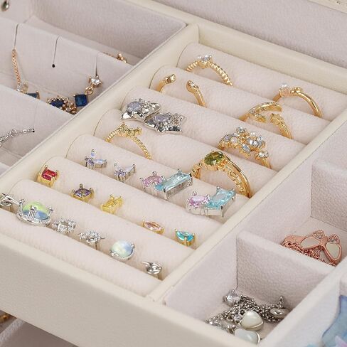 Coco Tweed Jewelry Box with Handle - 3-Layer 2 Drawers Jewelry Organizer with mirror, for 20 Big and Small Jewelry - 9.65 x 7.09 x 5.91 Inches Automatic Jewelry Storage (White) in Saudi Arabia