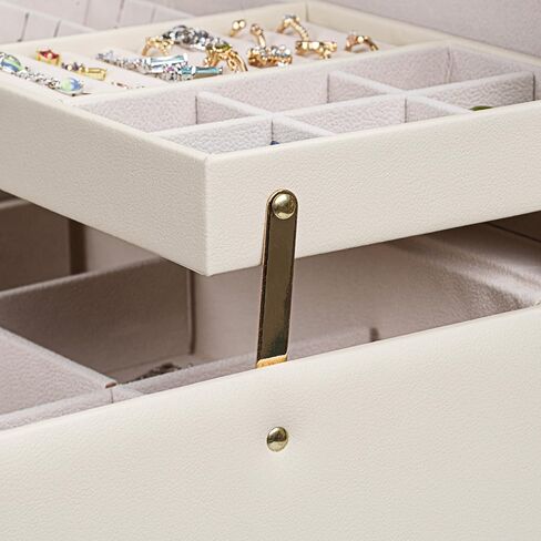 Coco Tweed Jewelry Box with Handle - 3-Layer 2 Drawers Jewelry Organizer with mirror, for 20 Big and Small Jewelry - 9.65 x 7.09 x 5.91 Inches Automatic Jewelry Storage (White) in Saudi Arabia
