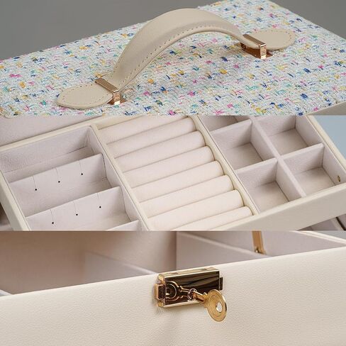 Coco Tweed Jewelry Box with Handle - 3-Layer 2 Drawers Jewelry Organizer with mirror, for 20 Big and Small Jewelry - 9.65 x 7.09 x 5.91 Inches Automatic Jewelry Storage (White) in Saudi Arabia