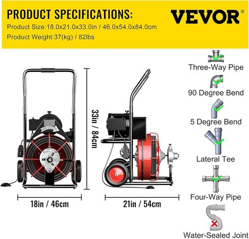 VEVOR 75 قدم × 3/8 بوصة منظف 370 وات آلة تنظيف الصرف المفتوح لأنابيب 1 إلى 4 بوصة، أحمر in Saudi Arabia