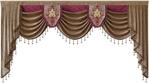 European Brown Burgundy Waterfall Valances for Windows Swag Waterfall Valance with Beads European Chenille Curtain Valance for Living Room 1 Panel in Saudi Arabia