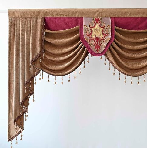 European Brown Burgundy Waterfall Valances for Windows Swag Waterfall Valance with Beads European Chenille Curtain Valance for Living Room 1 Panel in Saudi Arabia