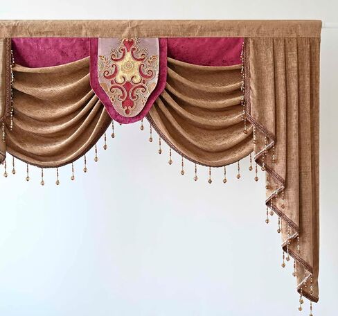 European Brown Burgundy Waterfall Valances for Windows Swag Waterfall Valance with Beads European Chenille Curtain Valance for Living Room 1 Panel in Saudi Arabia