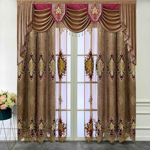 European Brown Burgundy Waterfall Valances for Windows Swag Waterfall Valance with Beads European Chenille Curtain Valance for Living Room 1 Panel in Saudi Arabia