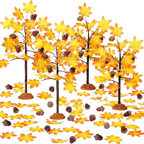 مجموعة قرية Xinnun لعيد الشكر، 4 قطع، شجرة قيقب الخريف في قرية الخريف الاصطناعية مع 10 بلوط و50 ورقة قيقب، نموذج شجرة بلاستيكية مصغرة، وعاء نبات المناظر الطبيعية لديكور الحفلات in Kuwait