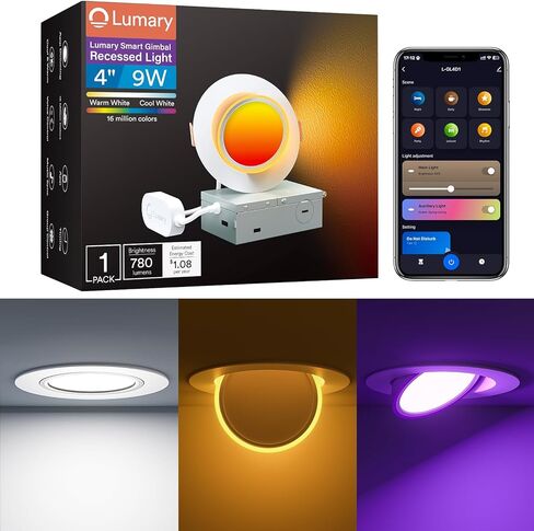 Lumary 4 Inch Smart Gimbal Recessed Lighting Ultra with 2200k Night Light, 270°+90°Rotatable LED Recessed Lights, 9W 600LM Angled Adjustable LED Downlight, Works with Alexa & Google Assistant, 1Pack in Saudi Arabia