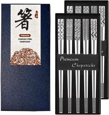 Metal Chopsticks 18/10 Stainless Steel Reusable Chopsticks Cute Laser Engraved Non-slip Korean Japanese Chinese Chopsticks,18/10 Stainless steel Dishwasher Safe for Cooking Eating 9 1/4 Inches 5 Pairs in Saudi Arabia