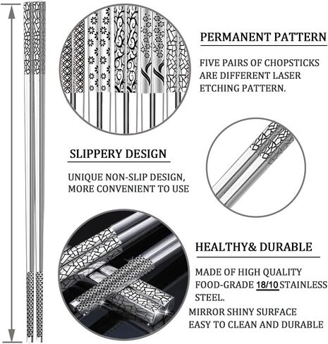 Metal Chopsticks 18/10 Stainless Steel Reusable Chopsticks Cute Laser Engraved Non-slip Korean Japanese Chinese Chopsticks,18/10 Stainless steel Dishwasher Safe for Cooking Eating 9 1/4 Inches 5 Pairs in Saudi Arabia