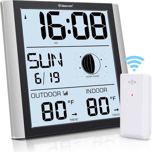 ساعة حائط جيفون الذرية مع إضاءة خلفية، ساعة منبه ذرية رقمية يتم ضبطها تلقائيًا مع درجة حرارة داخلية وخارجية، تقويم، مرحلة القمر لكبار السن في المنزل والمكتب (1 مستشعر خارجي لاسلكي) in Kuwait