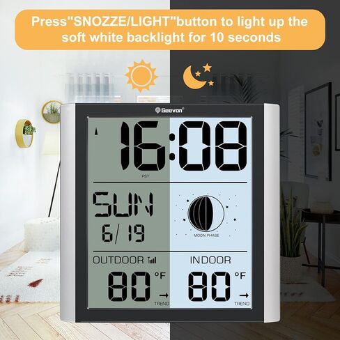 ساعة حائط جيفون الذرية مع إضاءة خلفية، ساعة منبه ذرية رقمية يتم ضبطها تلقائيًا مع درجة حرارة داخلية وخارجية، تقويم، مرحلة القمر لكبار السن في المنزل والمكتب (1 مستشعر خارجي لاسلكي) in Kuwait