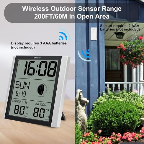 ساعة حائط جيفون الذرية مع إضاءة خلفية، ساعة منبه ذرية رقمية يتم ضبطها تلقائيًا مع درجة حرارة داخلية وخارجية، تقويم، مرحلة القمر لكبار السن في المنزل والمكتب (1 مستشعر خارجي لاسلكي) in Kuwait