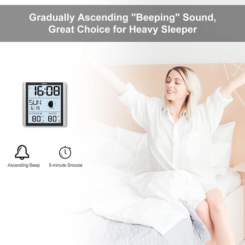 ساعة حائط جيفون الذرية مع إضاءة خلفية، ساعة منبه ذرية رقمية يتم ضبطها تلقائيًا مع درجة حرارة داخلية وخارجية، تقويم، مرحلة القمر لكبار السن في المنزل والمكتب (1 مستشعر خارجي لاسلكي) in Kuwait