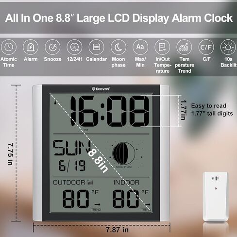 ساعة حائط جيفون الذرية مع إضاءة خلفية، ساعة منبه ذرية رقمية يتم ضبطها تلقائيًا مع درجة حرارة داخلية وخارجية، تقويم، مرحلة القمر لكبار السن في المنزل والمكتب (1 مستشعر خارجي لاسلكي) in Kuwait