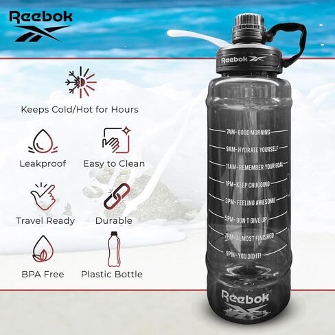Reebok Motivational Water Bottle With Lifestyle Design - Leak Proof Water Bottles 67oz - Sports Water Bottle With Motivation - Reusable Water Bottles, BPA Free (Black) in Saudi Arabia