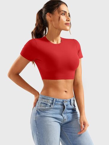 YEOREO Short Sleeve T Shirt for Women Double Lined Crop Top Crew Neck Workout Tee Colin Slim Fit Summer Basic Going Out Top in Kuwait