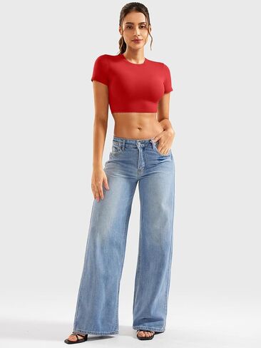 YEOREO Short Sleeve T Shirt for Women Double Lined Crop Top Crew Neck Workout Tee Colin Slim Fit Summer Basic Going Out Top in Kuwait