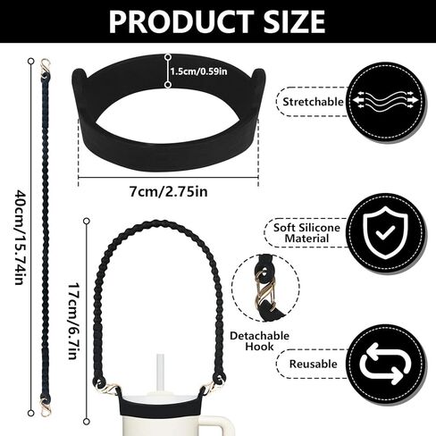 مقبض زجاجة مياه - حامل زجاجة مياه أنيق ومتين من السيليكون، حبال، حبل قصير، حامل بحزام - يناسب معظم زجاجات المياه بسعة 8-40 أونصة - متوافق مع ملحقات كأس ستانلي (أسود) in Kuwait