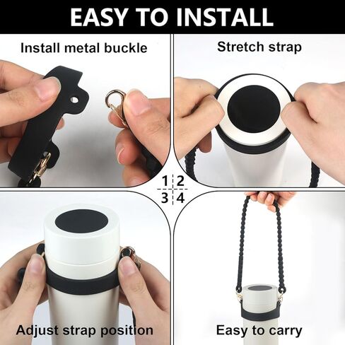 مقبض زجاجة مياه - حامل زجاجة مياه أنيق ومتين من السيليكون، حبال، حبل قصير، حامل بحزام - يناسب معظم زجاجات المياه بسعة 8-40 أونصة - متوافق مع ملحقات كأس ستانلي (أسود) in Kuwait