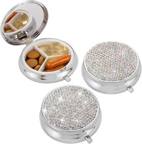 2PCS Small Pill Box Rhinestones Bling Travel Pill Case, Mini Medicine Organizer Box Pocket Pharmacy Portable Daily Pill Box for Purse Medicine Vitamin Earplug Fish Oil Pill Container(Silver) in Saudi Arabia