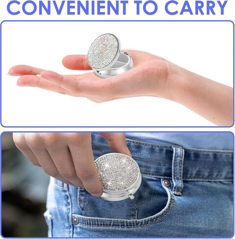 2PCS Small Pill Box Rhinestones Bling Travel Pill Case, Mini Medicine Organizer Box Pocket Pharmacy Portable Daily Pill Box for Purse Medicine Vitamin Earplug Fish Oil Pill Container(Silver) in Saudi Arabia