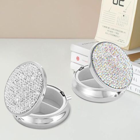 2PCS Small Pill Box Rhinestones Bling Travel Pill Case, Mini Medicine Organizer Box Pocket Pharmacy Portable Daily Pill Box for Purse Medicine Vitamin Earplug Fish Oil Pill Container(Silver) in Saudi Arabia
