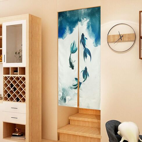 LIGICKY الحبر الصيني نمط طويل اليابانية نورين ستارة المدخل الكتان كوي الأسماك المطبوعة الآسيوية نافذة العلاج شنقا نسيج الباب للمطبخ السوشي الديكور المنزلي 33.5 "العرض × 70.9" طويلة in Kuwait