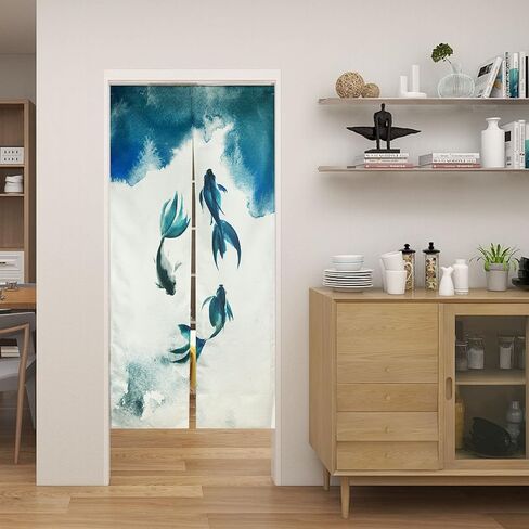 LIGICKY الحبر الصيني نمط طويل اليابانية نورين ستارة المدخل الكتان كوي الأسماك المطبوعة الآسيوية نافذة العلاج شنقا نسيج الباب للمطبخ السوشي الديكور المنزلي 33.5 "العرض × 70.9" طويلة in Kuwait