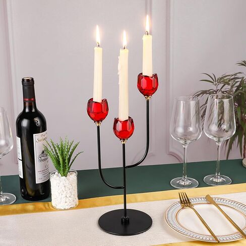 Enjinkail Black Candlestick Holders-3 Arms Candelabra, Candle Holders for Candlesticks with Rose Cup, Taper Candle Sticks Holder Decor for Wedding, Dining, Party,Fits 3/4 inch Thick Candle in Kuwait