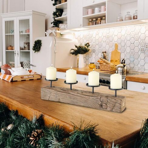 حامل شموع خشبي عتيق، منصات حديدية سوداء، بوبيش لالتقاط التنقيط مع حواف، خشب معاد تدويره، صديق للبيئة، 19.75 طول × 2.75 عرض × 5.0 ارتفاع، 4.75 رطل in Saudi Arabia