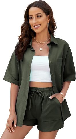 طقم ملابس رياضية للسيدات مكون من قطعتين قميص صيفي من القطن والكتان بأزرار سفلية وشورت عالي الخصر in Kuwait