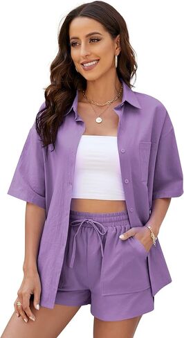 Women 2 Piece Tracksuit Outfits Summer Cotton Linen Button Down Shirt and High Waisted Shorts Set in Saudi Arabia