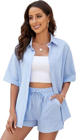 Women 2 Piece Tracksuit Outfits Summer Cotton Linen Button Down Shirt and High Waisted Shorts Set in Saudi Arabia