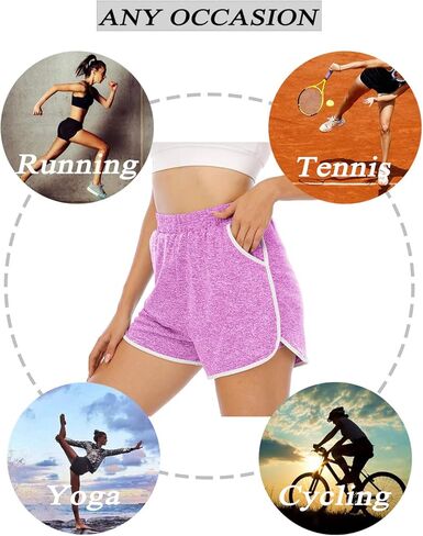 Koscacy شورت رياضي للسيدات، شورت يوغا مع جيوب جانبية للفتيات، صيفي أنيق جذاب للشاطئ يوميًا، ملابس رياضية رائعة للصيف، أرجواني L in Kuwait