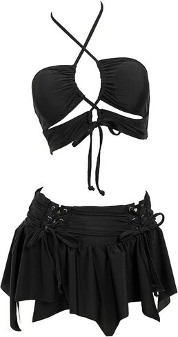 MEOWCOS Gothic Bat Pink Bikini Set Swimsuit Heart Buckle Halter Lace-up Top and Triangle Panty Bathing Suit Swimwear in Kuwait