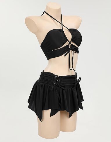 MEOWCOS Gothic Bat Pink Bikini Set Swimsuit Heart Buckle Halter Lace-up Top and Triangle Panty Bathing Suit Swimwear in Kuwait