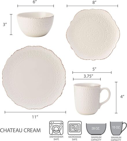 طقم أواني طعام من الخزف الحجري من Pfaltzgraff Chateau Cream مكون من 16 قطعة، خدمة لـ 4 أشخاص، أبيض فاتح in Kuwait